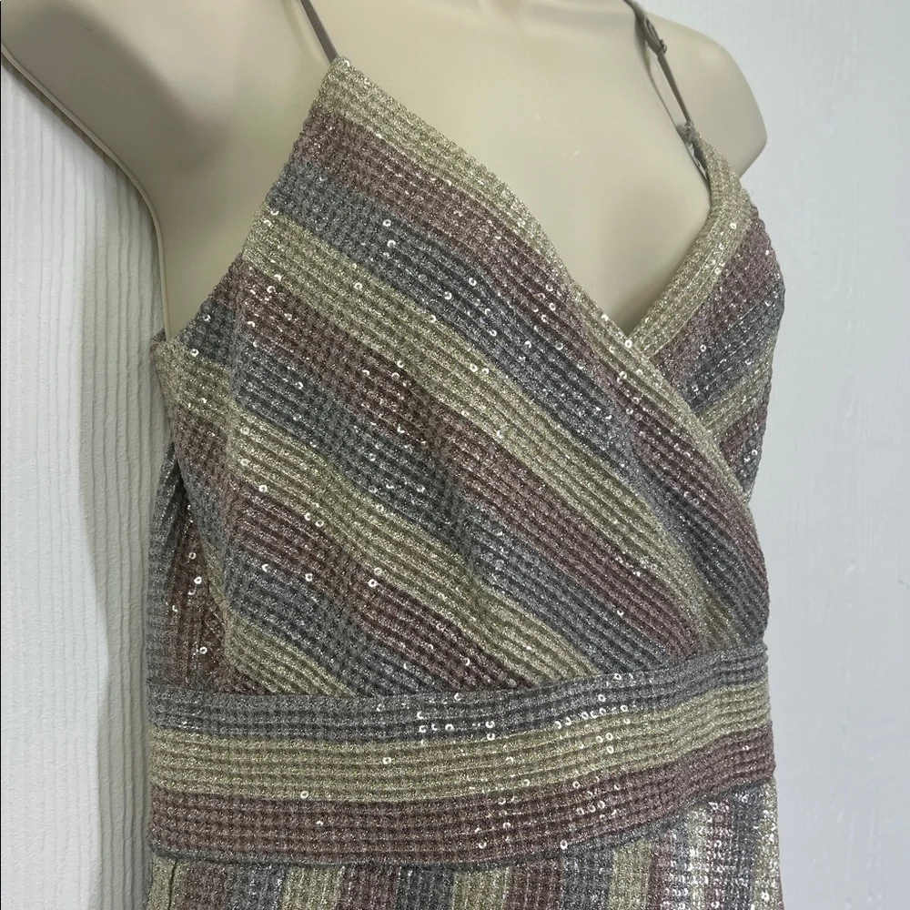 Saylor - Meghan Multi Colored Sequin Stripped Faux Wrap Midi Dress Size Small